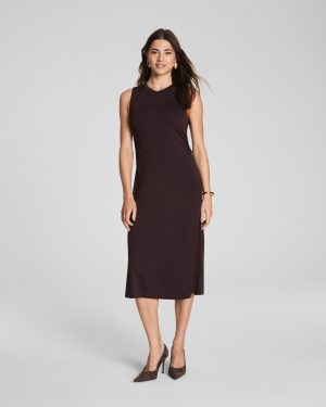 Sleek Jersey Crewneck Ruched Midi Dress