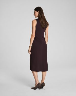 Sleek Jersey Crewneck Ruched Midi Dress